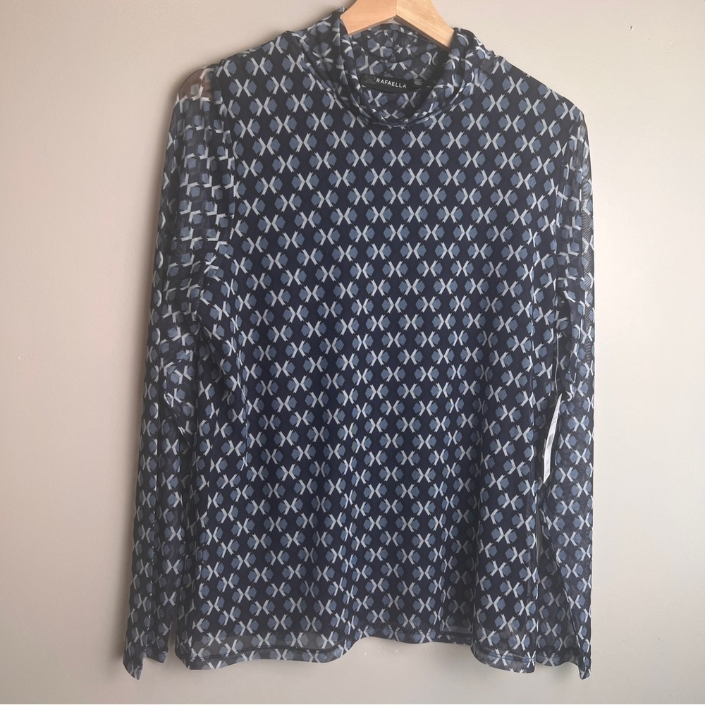 Rafaella NWT Geometric Navy & White Long Sleeve Lightweight Blouse Size Large